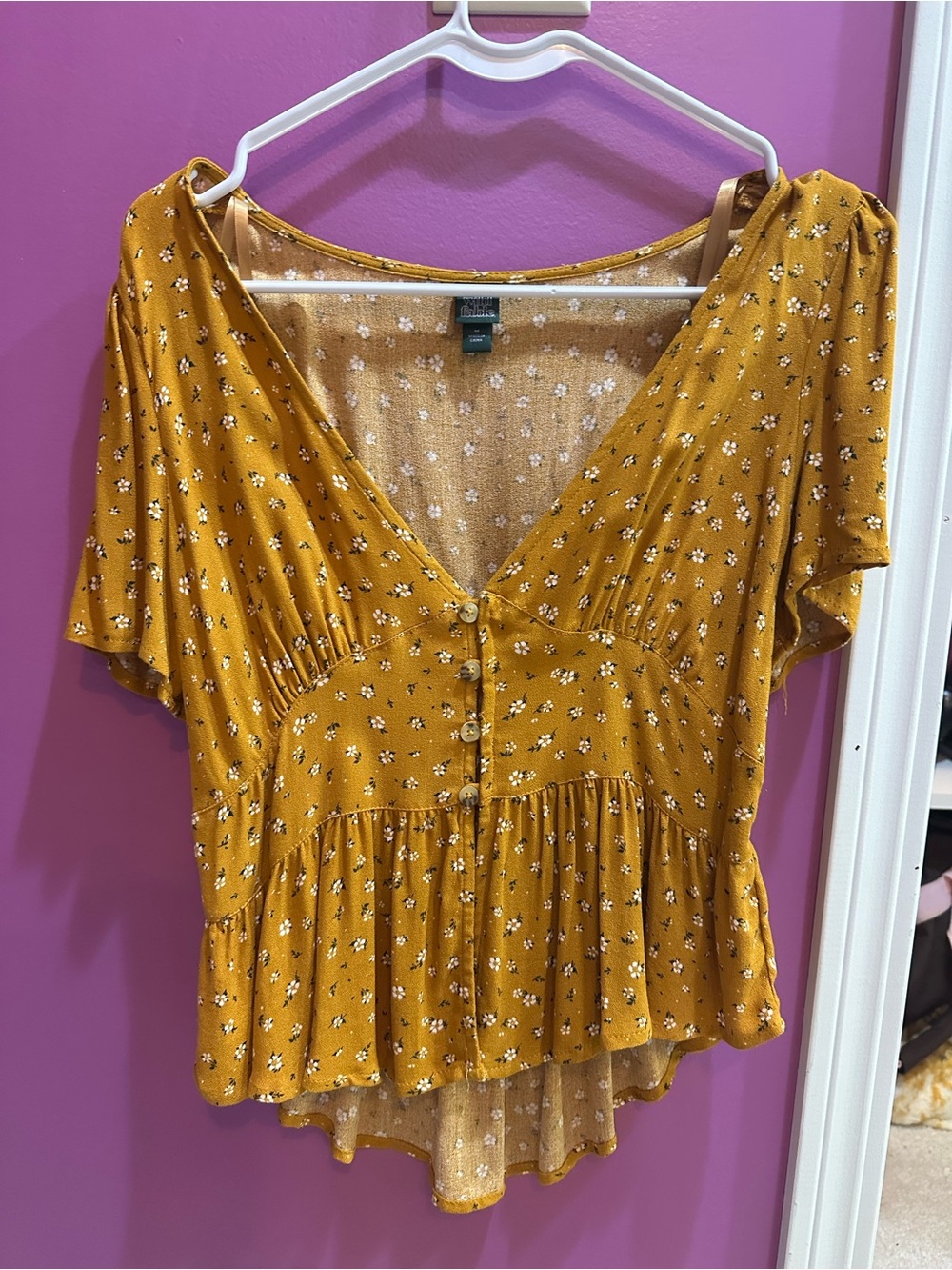 wild fable Mustard Floral Button-Front Peplum Blouse